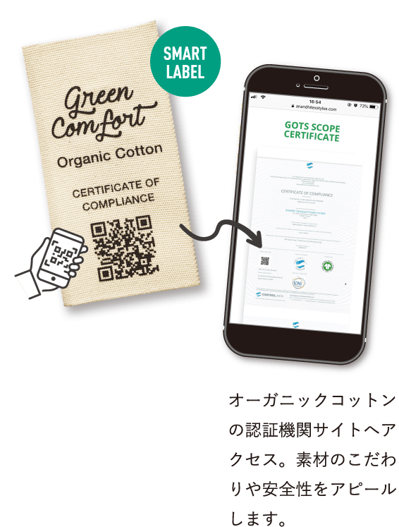 SMART LABEL オーガニックコットンの認証機関サイトへアクセス。素材のこだわりや安全性をアピールします。
